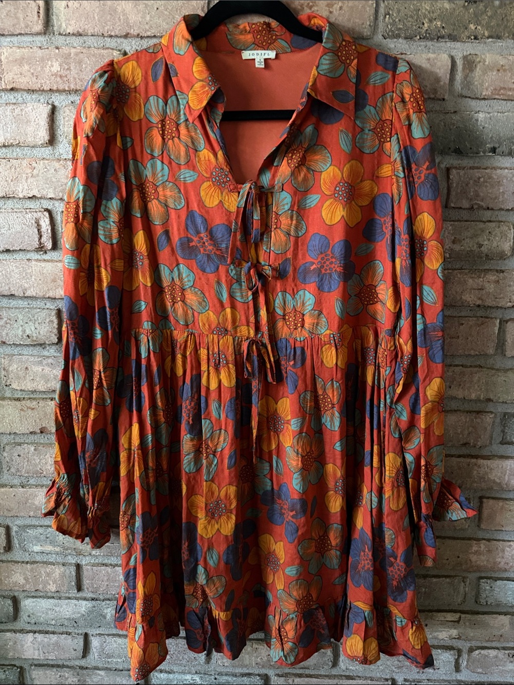 JODIFL Orange Floral Tie-Front Peasant Tunic Dress